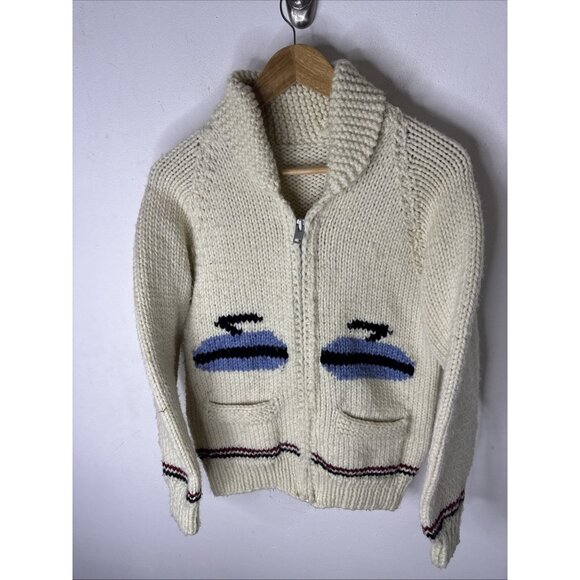 Vintage Hand Knit Wool Sweater Cowichan Curling Stones Zip Cardigan Women M - Picture 1 of 5